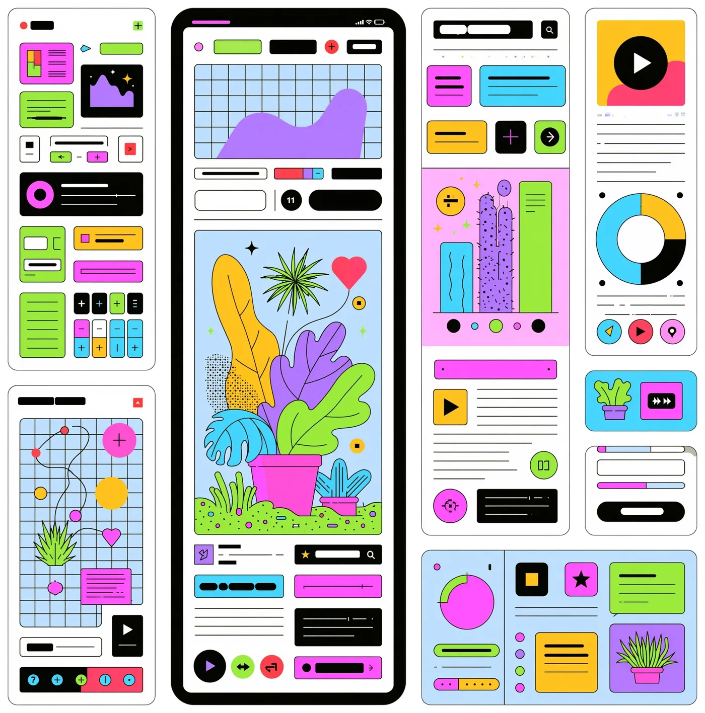 Colorful product interface screens — the surfaces Krux audits for UX issues